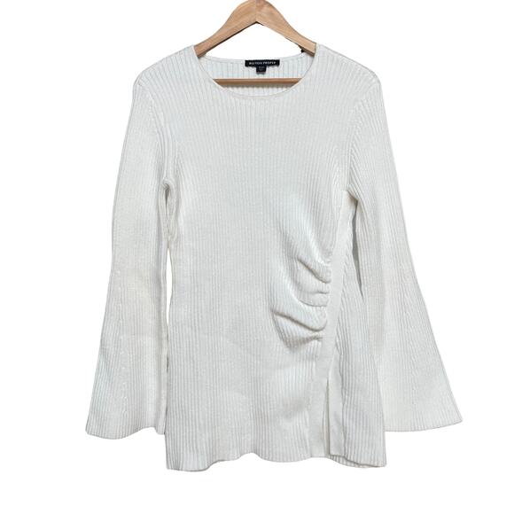 Boston Proper M Side Slit Ruched Sweater | Tunic Flare Sleeves Ribbed, Off-White - Picture 8 of 9
